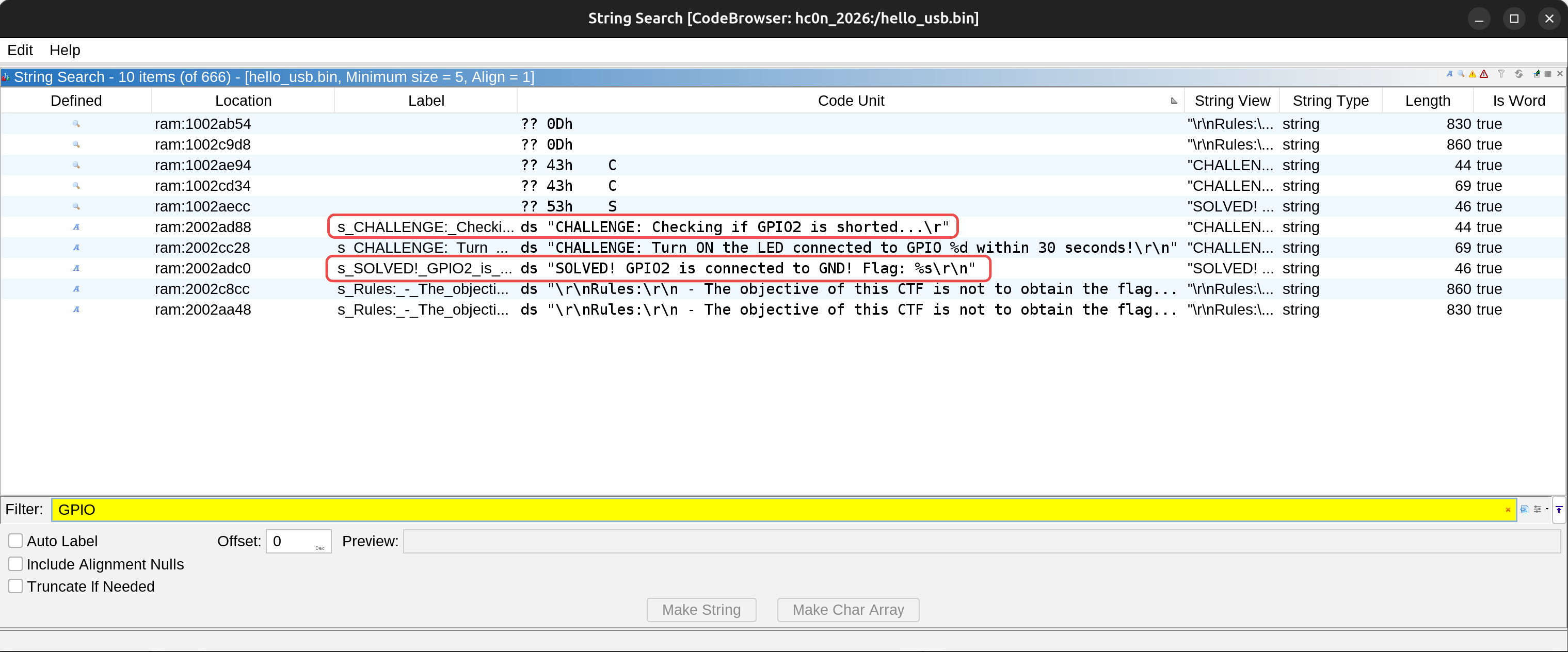 Ghidra search string